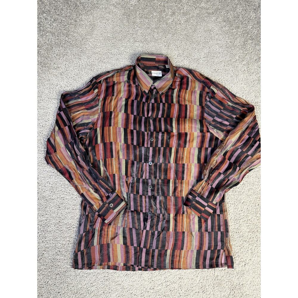 Zanetti Shirt Mens L Multicolor Striped Long Sleeve Button Up Satin Italy